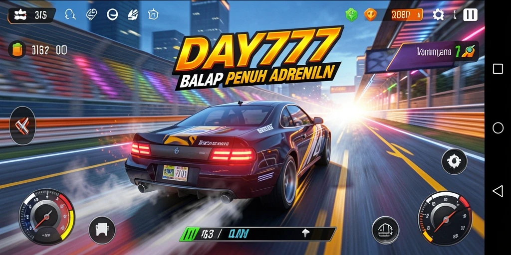 Screenshot gameplay DAY777 menampilkan balapan mobil yang intens.