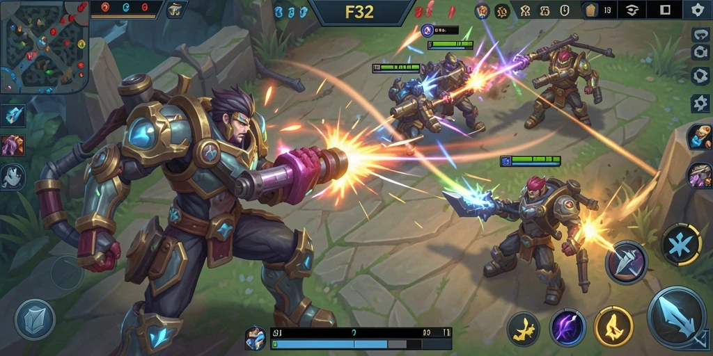 Tangkapan layar gameplay MOBA F32 yang menegangkan.