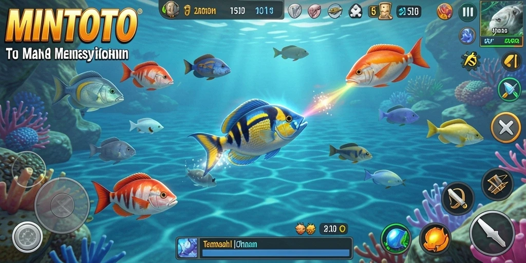 Screenshot gameplay MINTOTO dengan ikan berwarna-warni.