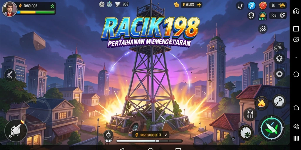 Tampilan gameplay menara strategi yang mendebarkan dalam RACIK198.