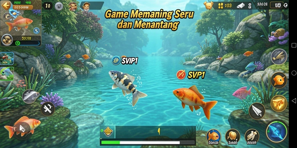 Tampilan gameplay SVIP1 dengan iklan perairan yang indah dan ikan yang berwarna-warni.